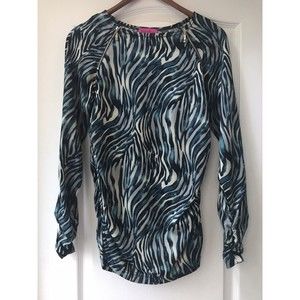 Max & Rina Tunic Top Blouse Blue Zebra Print Zipper Accents Size Small